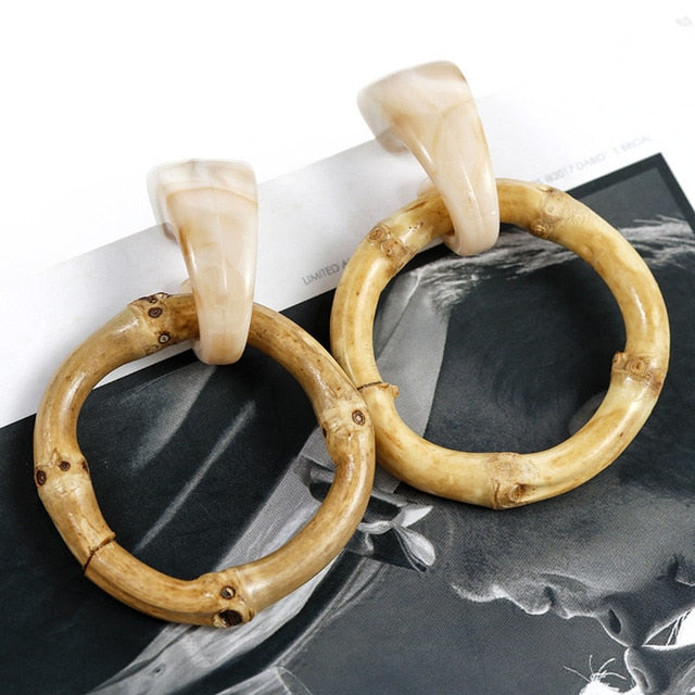 Handmade Wooden Straw Weave Rattan Vine Braid Drop Earrings Geometric