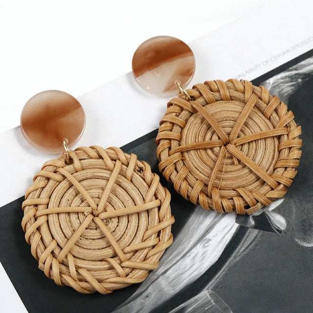 Handmade Wooden Straw Weave Rattan Vine Braid Drop Earrings Geometric