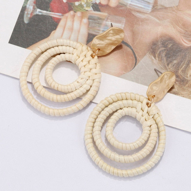 Handmade Wooden Straw Weave Rattan Vine Braid Drop Earrings Geometric