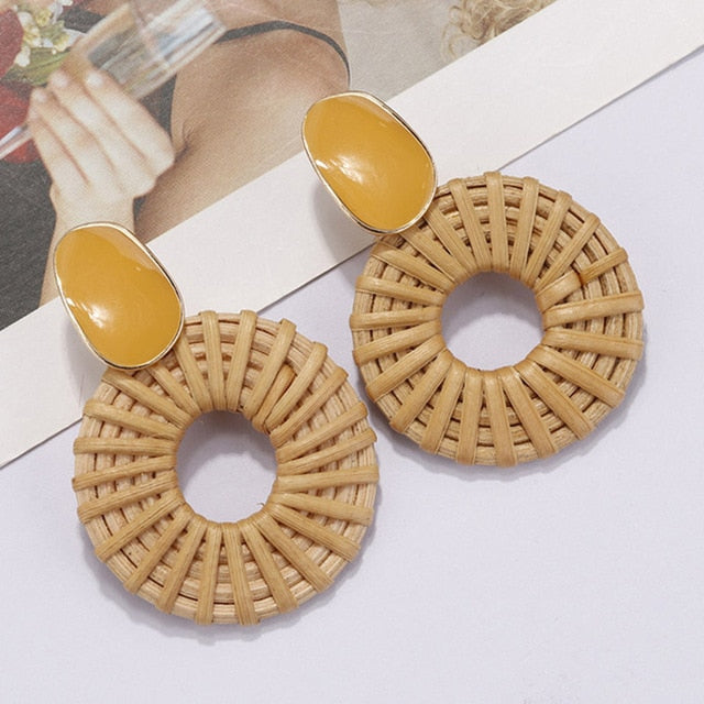 Handmade Wooden Straw Weave Rattan Vine Braid Drop Earrings Geometric