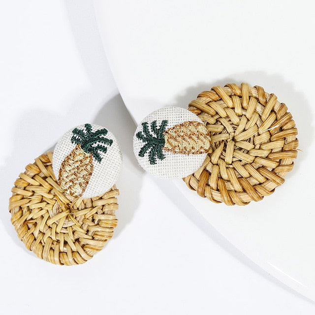 Handmade Wooden Straw Weave Rattan Vine Braid Drop Earrings Geometric