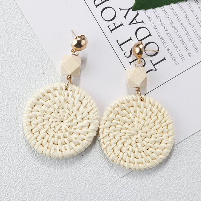 Handmade Wooden Straw Weave Rattan Vine Braid Drop Earrings Geometric