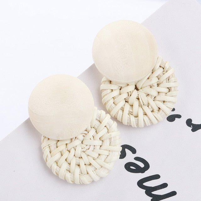 Handmade Wooden Straw Weave Rattan Vine Braid Drop Earrings Geometric