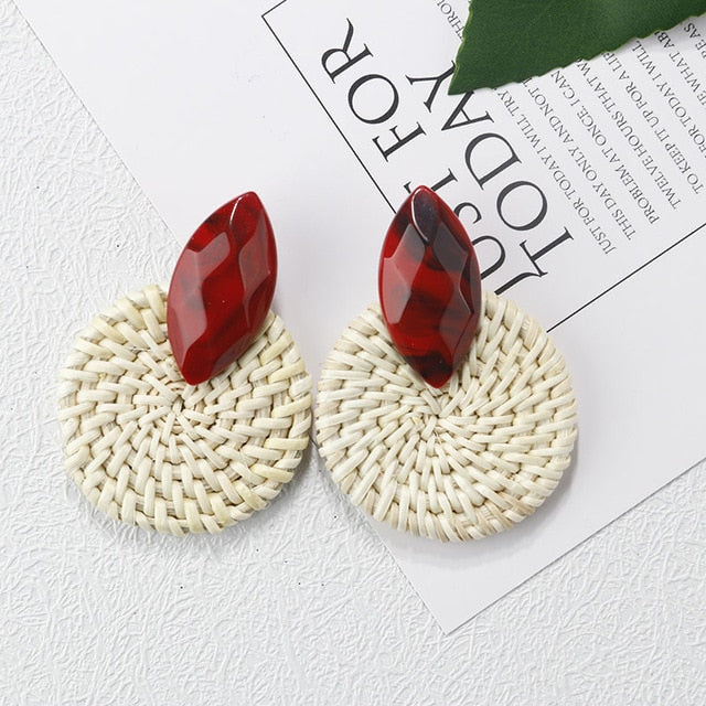 Handmade Wooden Straw Weave Rattan Vine Braid Drop Earrings Geometric