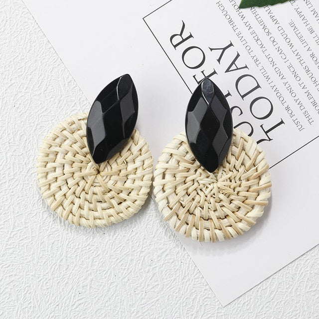 Handmade Wooden Straw Weave Rattan Vine Braid Drop Earrings Geometric