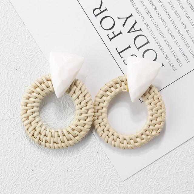 Handmade Wooden Straw Weave Rattan Vine Braid Drop Earrings Geometric