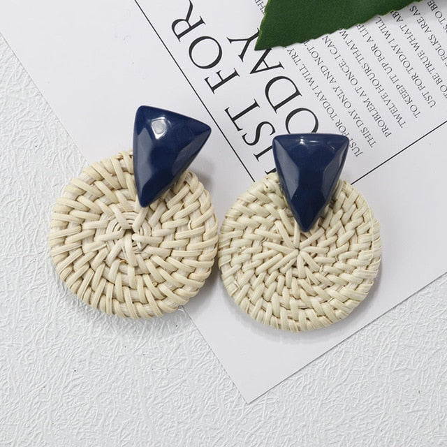 Handmade Wooden Straw Weave Rattan Vine Braid Drop Earrings Geometric