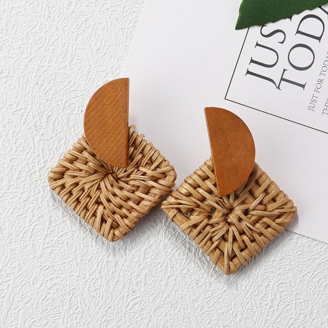 Handmade Wooden Straw Weave Rattan Vine Braid Drop Earrings Geometric