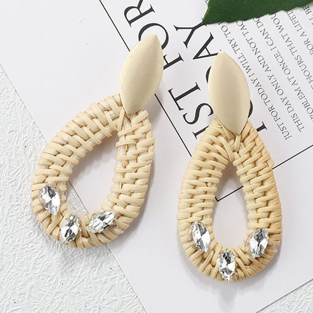 Handmade Wooden Straw Weave Rattan Vine Braid Drop Earrings Geometric