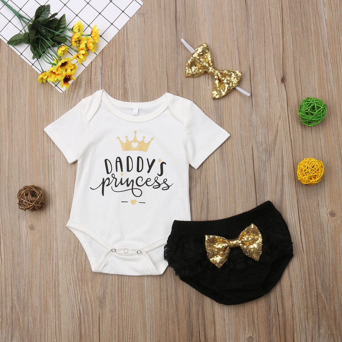 3PCS Cute Newborn Baby Girl Outfits Clothes Tops Bodysuit Shorts Pants Set