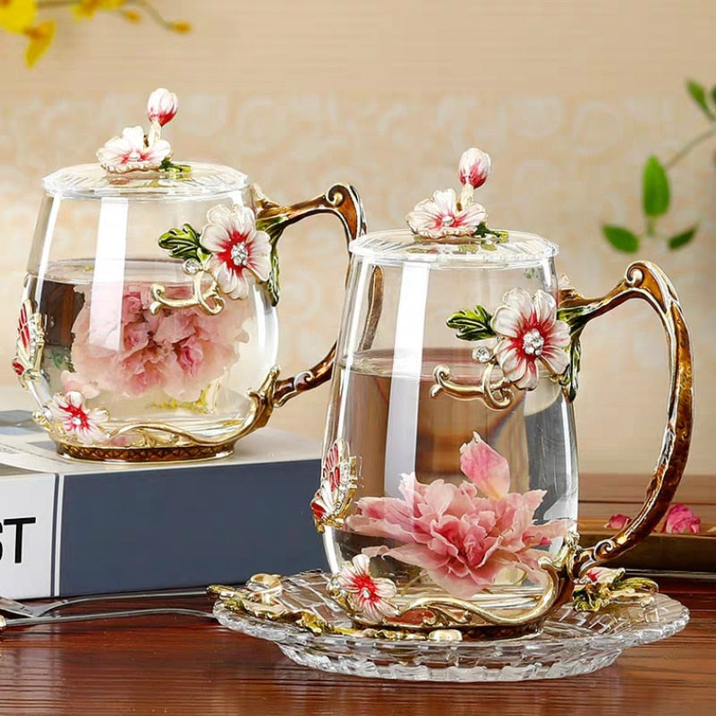 Coffee Cup Mug Flower Tea Glass Cups for Hot and Cold Drinks Tea Cup Spoon Set