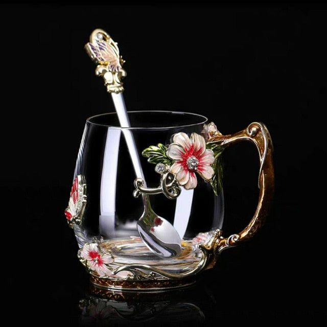 Coffee Cup Mug Flower Tea Glass Cups for Hot and Cold Drinks Tea Cup Spoon Set