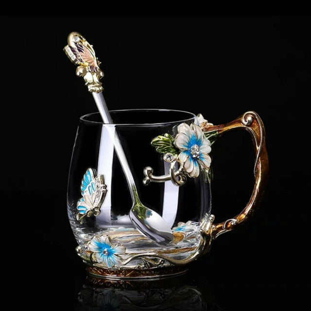 Coffee Cup Mug Flower Tea Glass Cups for Hot and Cold Drinks Tea Cup Spoon Set