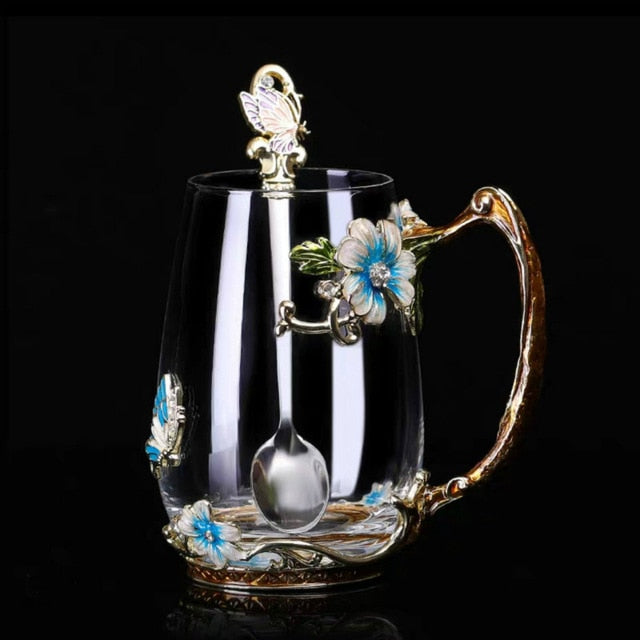 Coffee Cup Mug Flower Tea Glass Cups for Hot and Cold Drinks Tea Cup Spoon Set