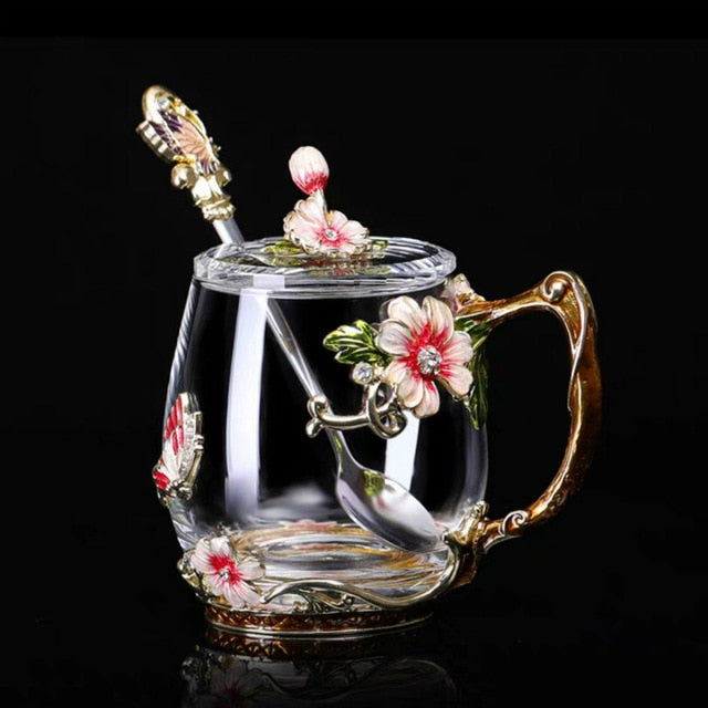 Coffee Cup Mug Flower Tea Glass Cups for Hot and Cold Drinks Tea Cup Spoon Set