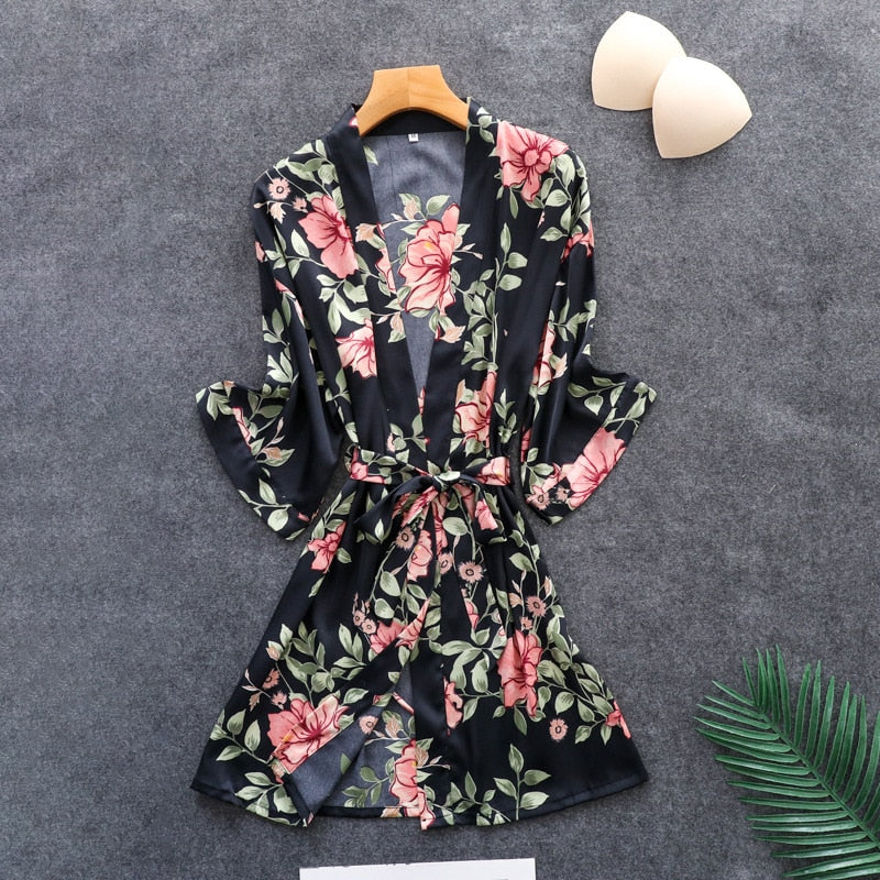 Women's Pajamas Silk Floral Set Satin Pijamas Sleepwear Home Clothes