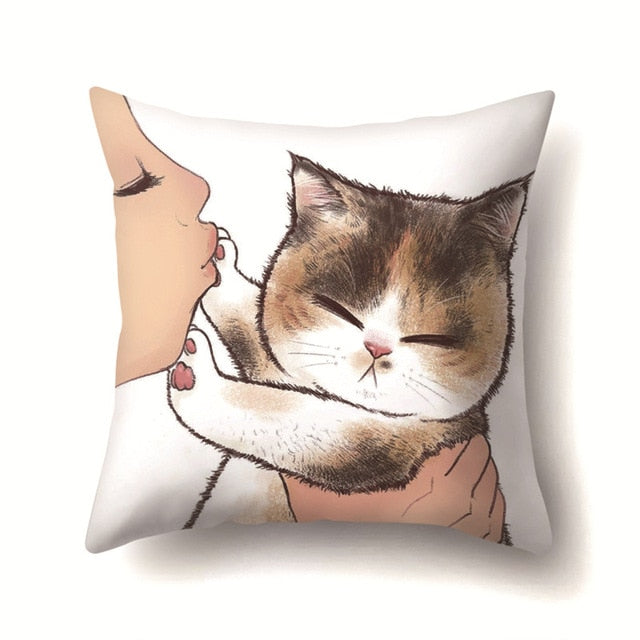 Cute Cat Cushion Cover Cartoon Animal Cat Polyester Throw Pillow Case Cover Decor Pillowcases