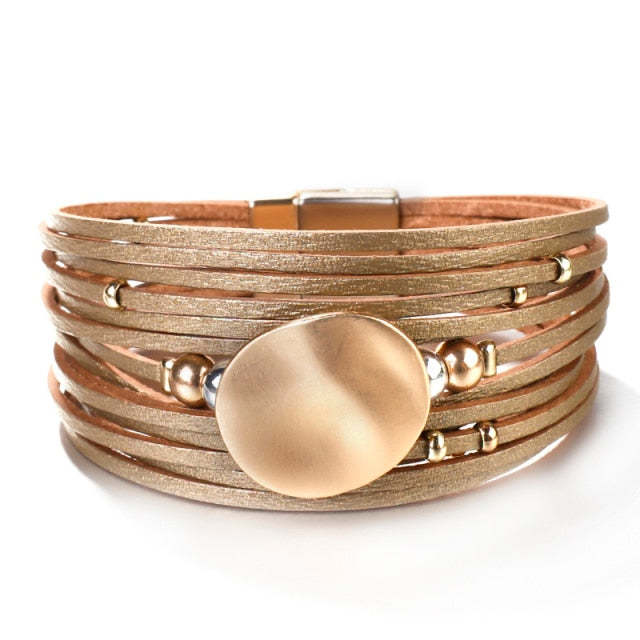 Metal Round Charm Leather Bracelets Fashion 14 Strips Bohemian Multilayer Wide Wrap