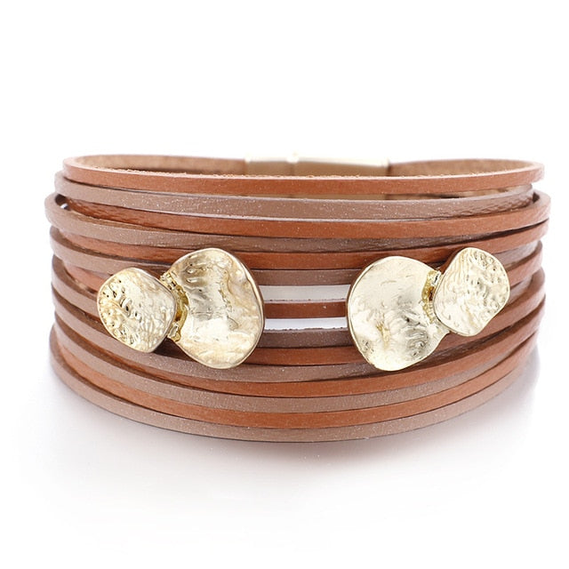 Metal Round Charm Leather Bracelets Fashion 14 Strips Bohemian Multilayer Wide Wrap