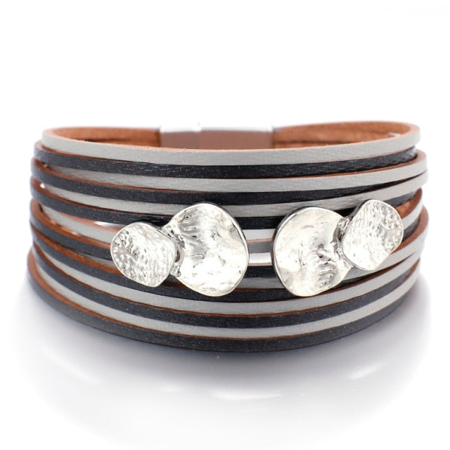 Metal Round Charm Leather Bracelets Fashion 14 Strips Bohemian Multilayer Wide Wrap