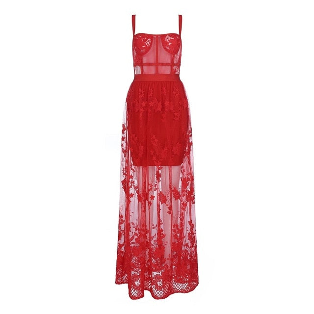 Celebrity High Quality Red Lace Sleeveless Hollow Out Long Rayon Bandage