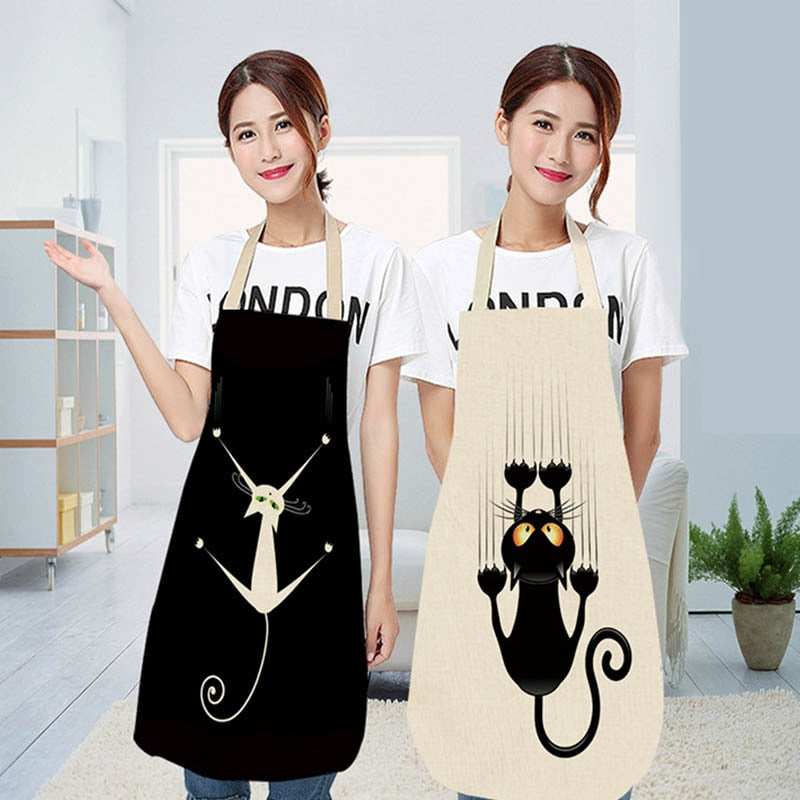 Cute Cartoon Cat Print Kitchen Apron Waterproof Cotton Linen Home Tools