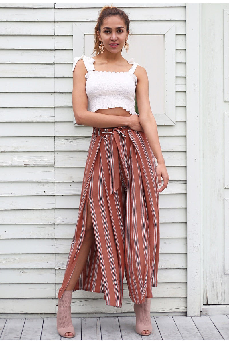 High waist loose striped summer pants streetwear Sexy side split pants wide leg pants
