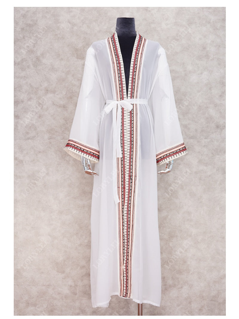 Sexy Through Embroidered Long Kimono Cardigan Plus Size Tunic