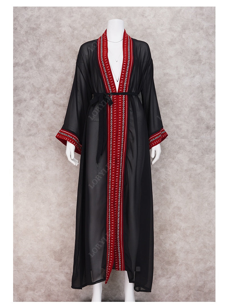 Sexy Through Embroidered Long Kimono Cardigan Plus Size Tunic