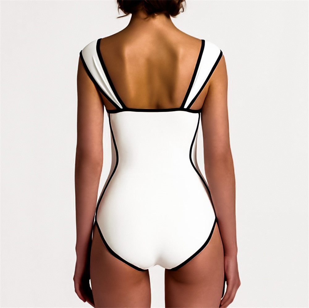Retro Black White Striped Push Up One Piece Swimsuit Bodysuit Ladies 2021 Swimwear