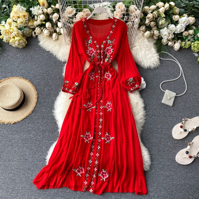 Women's Dress Travel Long Dress Retro Ethnic Style Embroidered V-neck