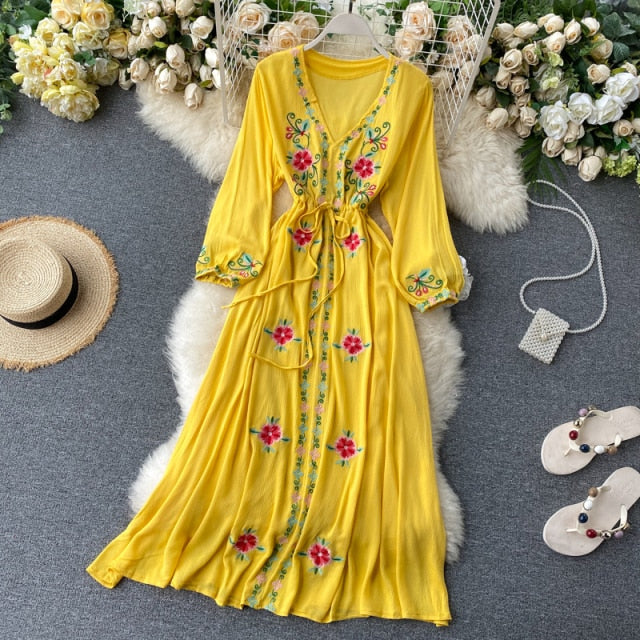 Women's Dress Travel Long Dress Retro Ethnic Style Embroidered V-neck