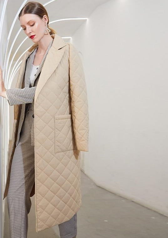 Long straight winter coat rhombus pattern Casual women parkas stylish outerwear