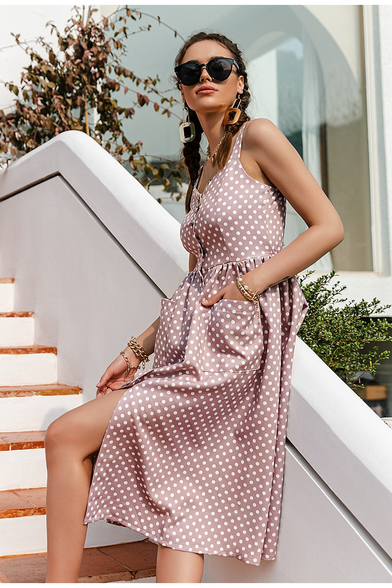 Casual Polka Dot Dress Sleeveless style high waist buttoned summer dresses