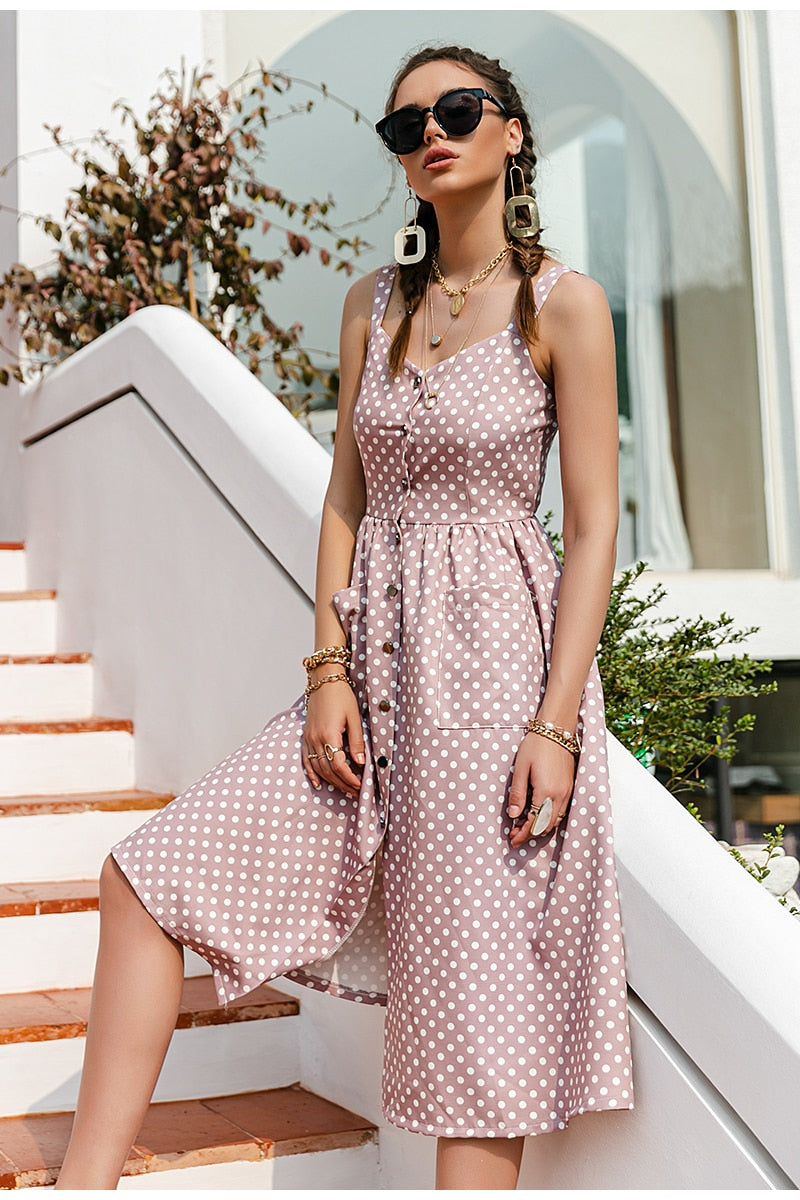 Casual Polka Dot Dress Sleeveless style high waist buttoned summer dresses