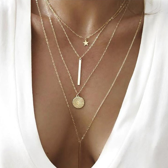 Bohemian Gold Moon Choker Chains Statement Star Map Heart Pendant Necklaces