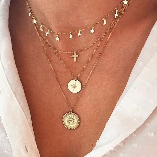 Bohemian Gold Moon Choker Chains Statement Star Map Heart Pendant Necklaces