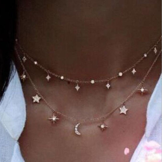 Bohemian Gold Moon Choker Chains Statement Star Map Heart Pendant Necklaces