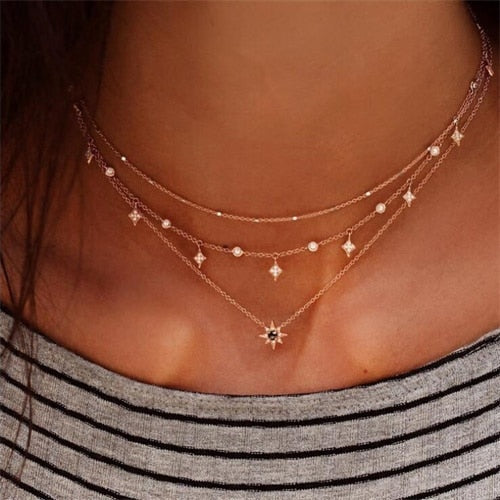 Bohemian Gold Moon Choker Chains Statement Star Map Heart Pendant Necklaces