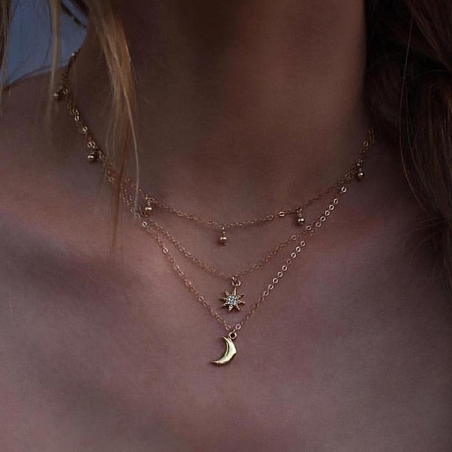 Bohemian Gold Moon Choker Chains Statement Star Map Heart Pendant Necklaces