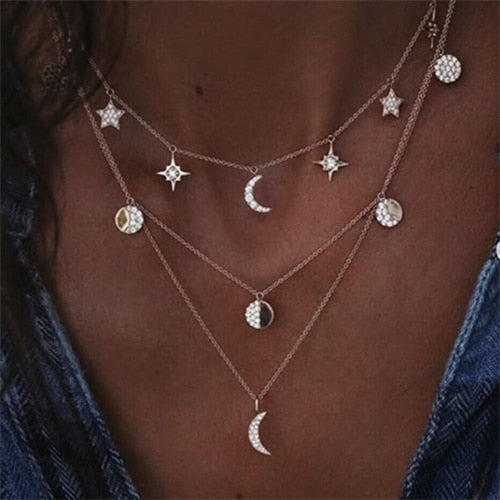 Bohemian Gold Moon Choker Chains Statement Star Map Heart Pendant Necklaces