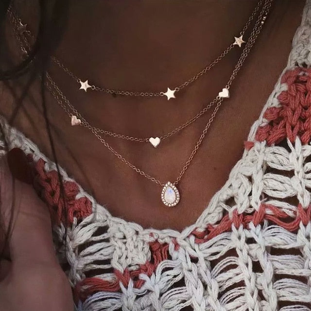 Bohemian Gold Moon Choker Chains Statement Star Map Heart Pendant Necklaces