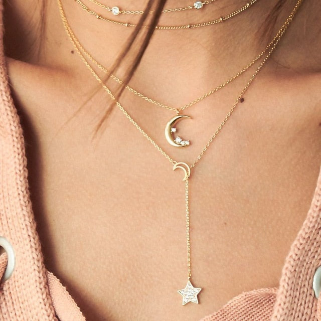 Bohemian Gold Moon Choker Chains Statement Star Map Heart Pendant Necklaces