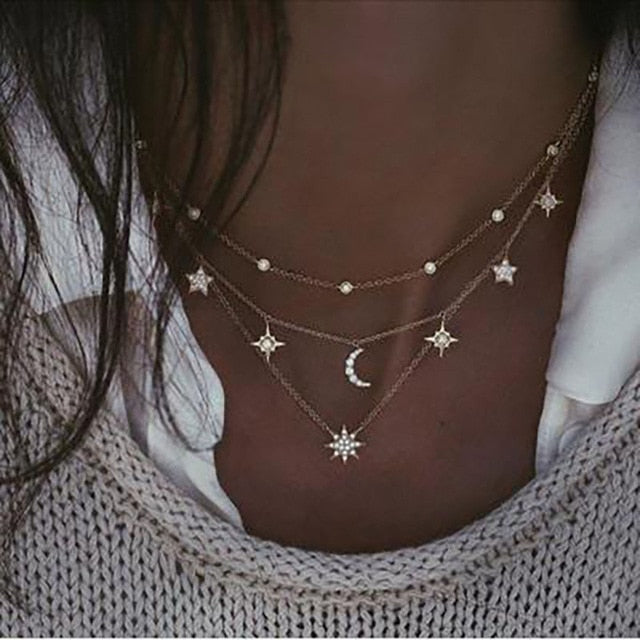 Bohemian Gold Moon Choker Chains Statement Star Map Heart Pendant Necklaces