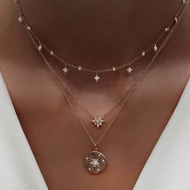 Bohemian Gold Moon Choker Chains Statement Star Map Heart Pendant Necklaces