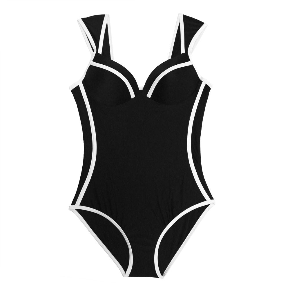 Retro Black White Striped Push Up One Piece Swimsuit Bodysuit Ladies 2021 Swimwear