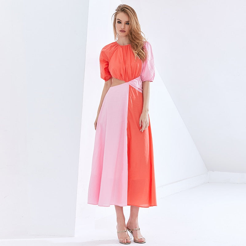 Patchwork Hit Color Asymmetrical Dress Puff Sleeve High Waist Hollow Out