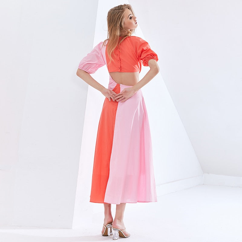Patchwork Hit Color Asymmetrical Dress Puff Sleeve High Waist Hollow Out