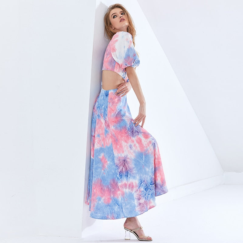 Patchwork Hit Color Asymmetrical Dress Puff Sleeve High Waist Hollow Out