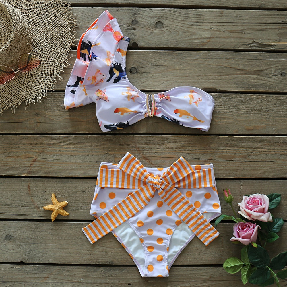 Two-Pieces Floral 2021 Push-Up Padded Bra Ruffles Bandage Bikini Set Swimsuit